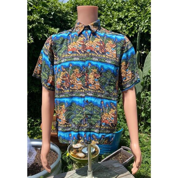 Reyn Spooner Dietrich Varez Hawaiian Shirt Jammin Musicians Tiki Rayon Men's Med - Picture 1 of 9